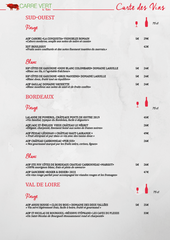 CARTE DES VINS A JOUR 19H30